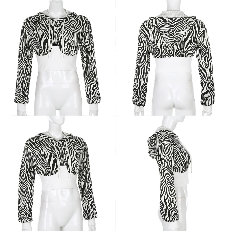 

Women Long Sleeve Elastic Waist Hoodies Zebra Stripes Print Cropped Sweatshirt