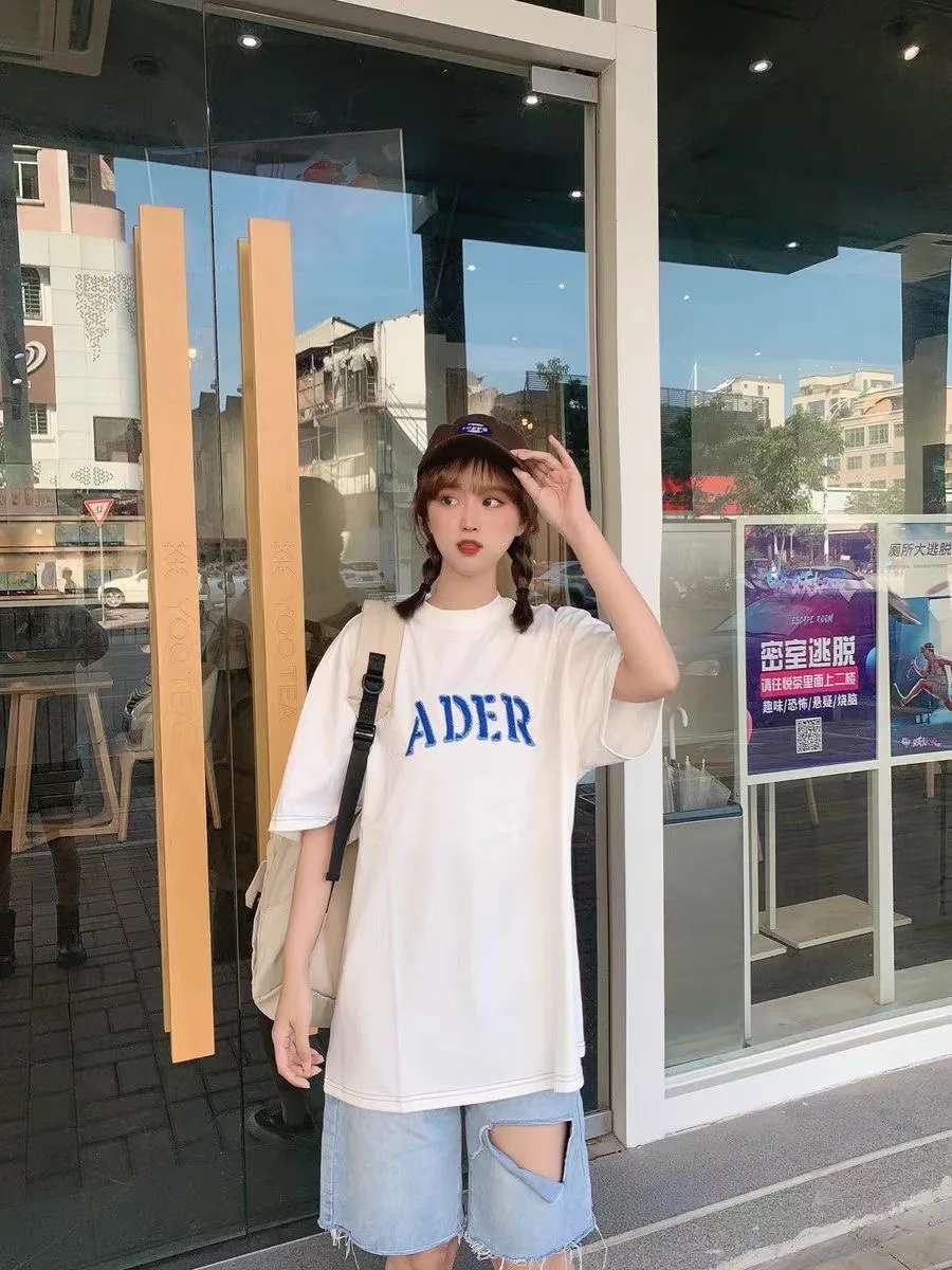 

Korean ADER ERROR T-shirt Men Women High Quality Blue Embroidered Letter Adererror Casual Loose Tee Streetwear Tops Short Sleeve