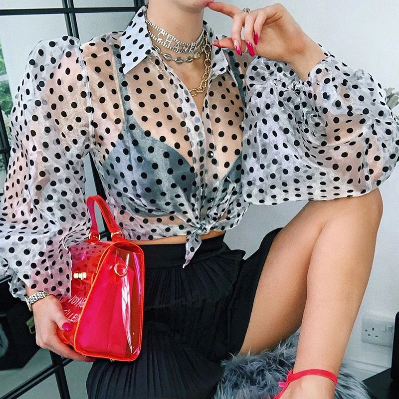 

2021 Summer New Women Fashion See Through Lantern Sleeve Turn-down Collar Blouse Polka Dot Print Loose Casual Shirts