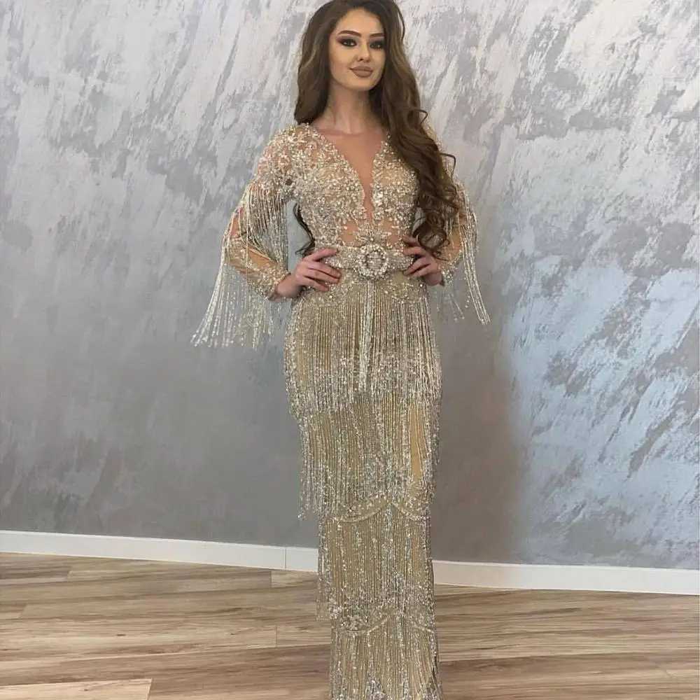 Vestidos de fiesta de noche 2020 Sparkly Arabic Mermaid Prom Dresses Long Sleeves Shiny Tassels Beaded Chic Evening Dress Gowns