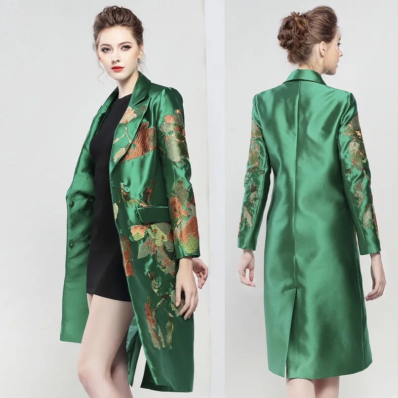 

Trench XXL Coat New 2021 Autumn Winter Women Floral Embroidery Covered Button Medium-long Overcoats Outwear Windbreaker Green
