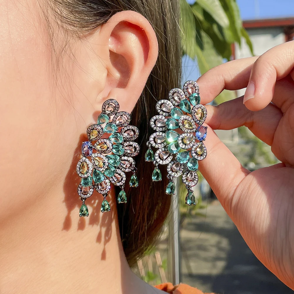

ThreeGraces Symmetrical Colorful Cubic Zirconia Peacock Shape Long Big Dangle Earrings Women Luxury Brand Wedding Jewelry ER760
