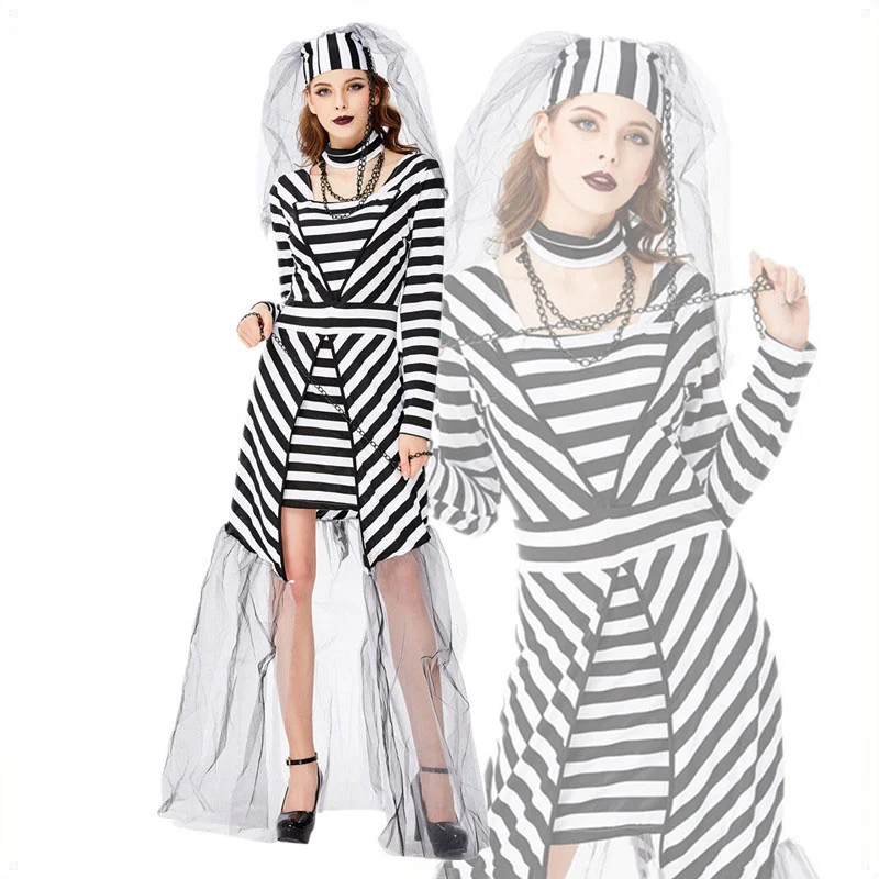 

New Black And White Stripe Prisoner Bride Costume For Halloween Stage Performance Women Cosplay Veil Bride Dress