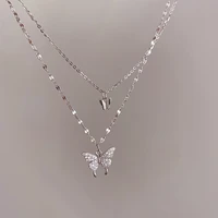 sipengjel fashion silver plated shiny zircon buterfly necklace bohemian double layer clavice chain necklace for women jewelry