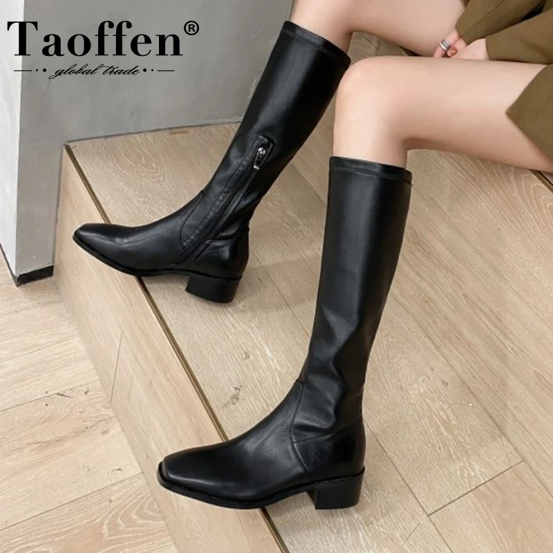

TAOFFEN Women Long Boots Genuine Leather Zipper Square Heel Woman Knee High Boots Fashion Cool Winter Shoes Woman Size 33-42