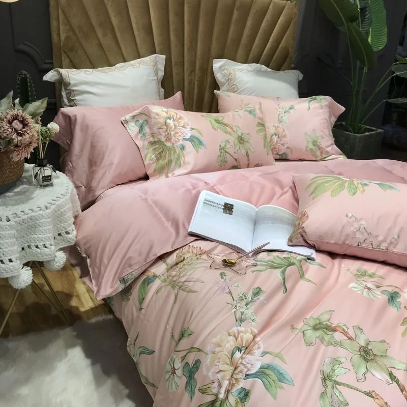 Pink blossom bedding set 100% Egyptian cotton floarl print bed sheets Satin duvet cover pastoral bedspread queen king size | Дом и сад