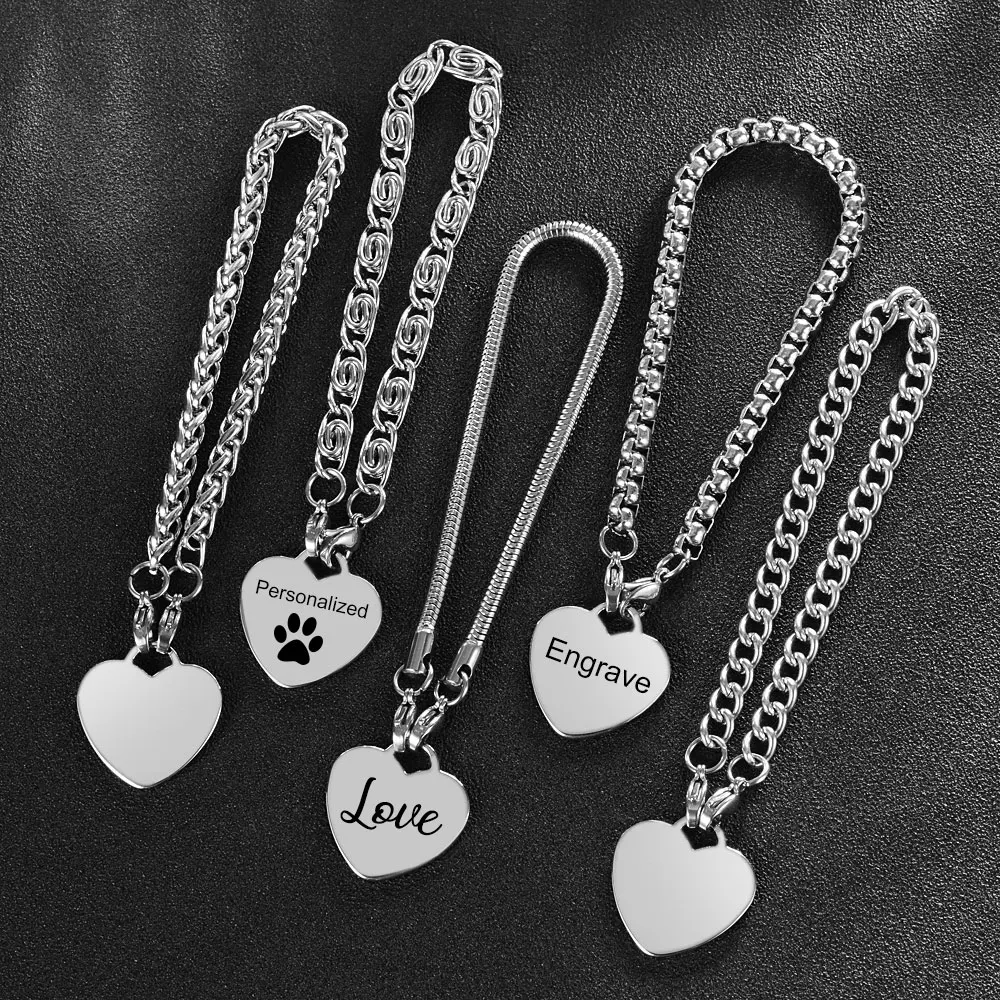 

Пользовательское имя мужской браслет Ювелирное Украшение в форме сердца, браслеты с брелоками для женщин, нержавеющая сталь фото Серебряный браслет-цепочка SL-138
