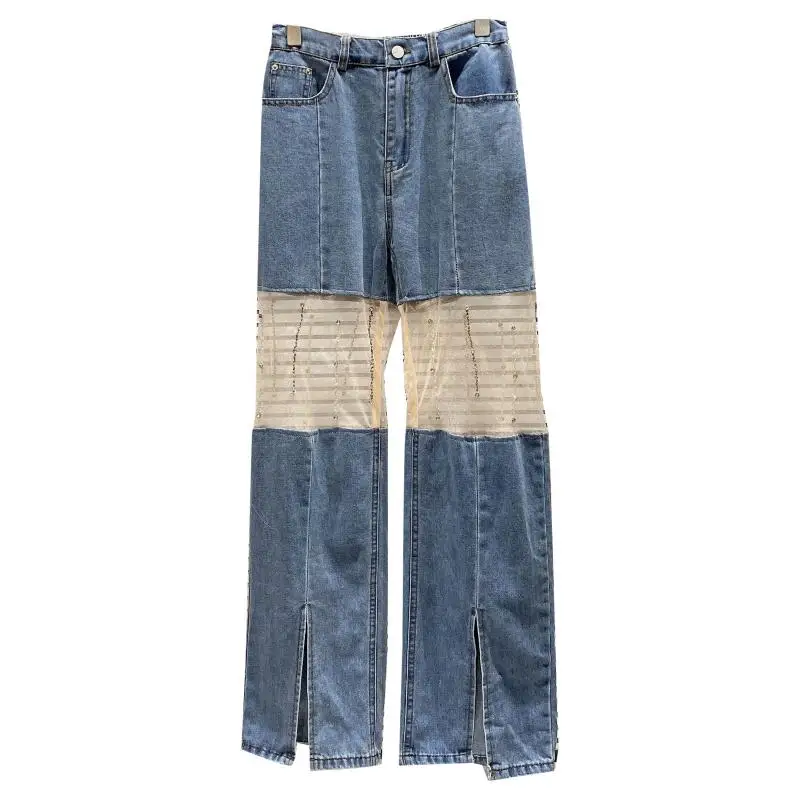 

Women's Wide Leg Blue Denim Pants 2021 Summer Mesh Hollow Stitching Rhinestone Jeans Female Split Straight Leg Baggy Jeans