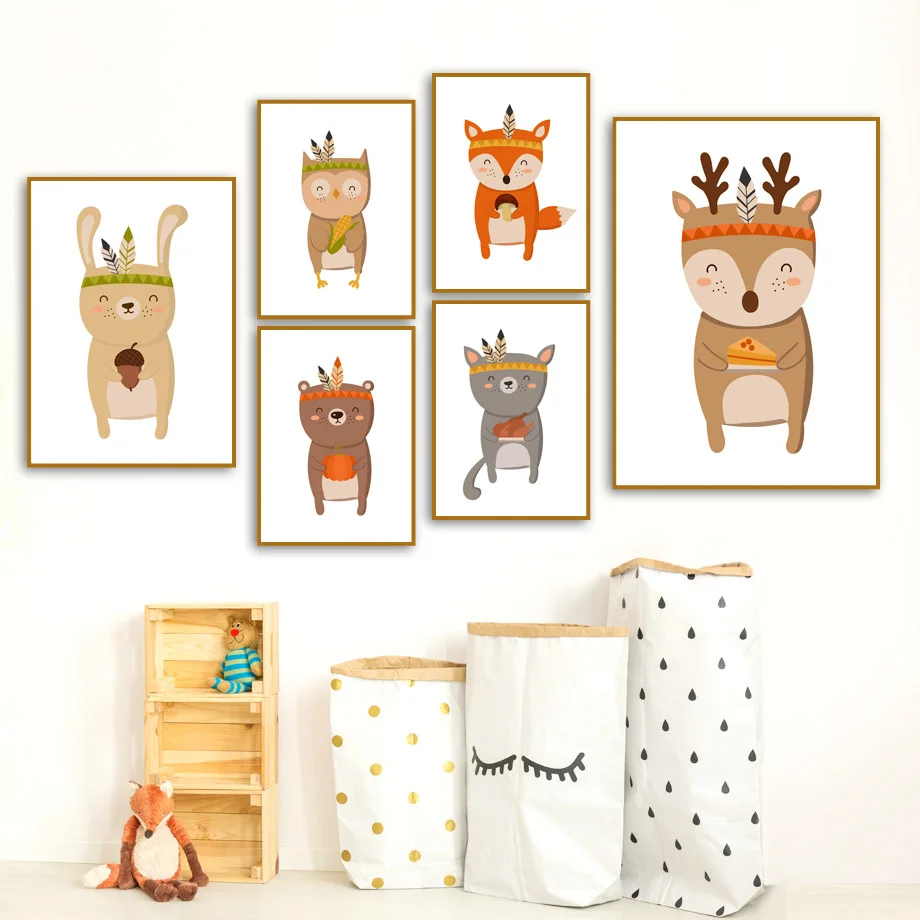 Лиса кролик Сова медведь олень детская настенная Картина на холсте
