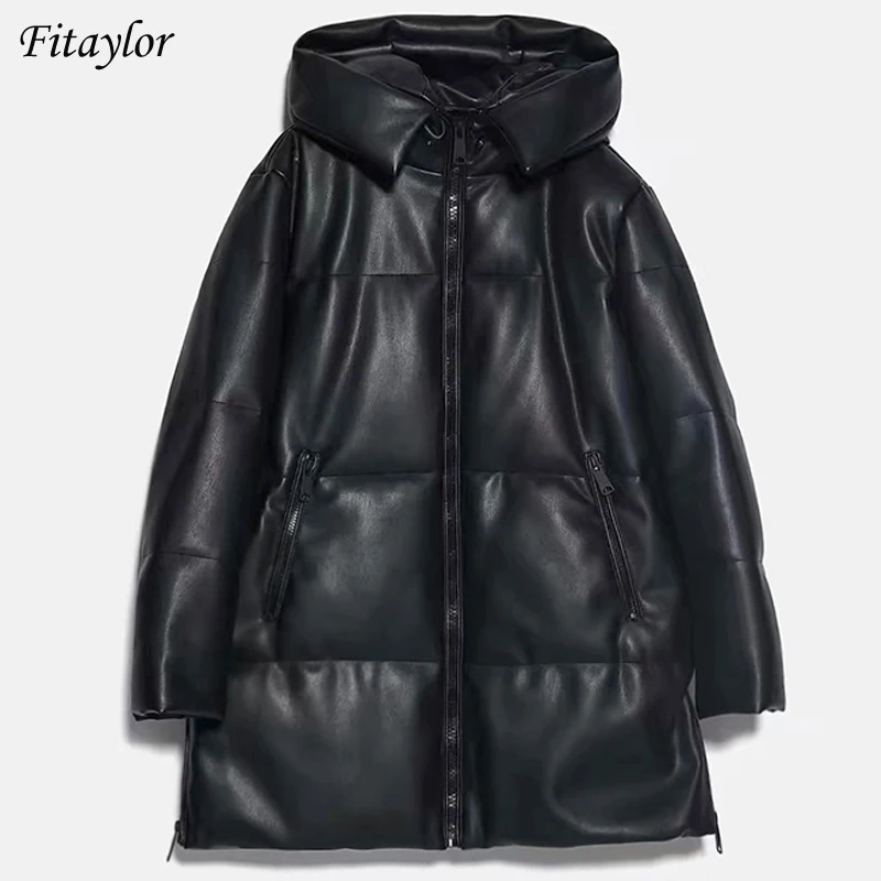 

Fitaylor Winter Coat Women Oversize Faux Leather Hoodie Parkas Thick Warm Zipper Long Jacket Female Outwear Tops Loose Overcoat