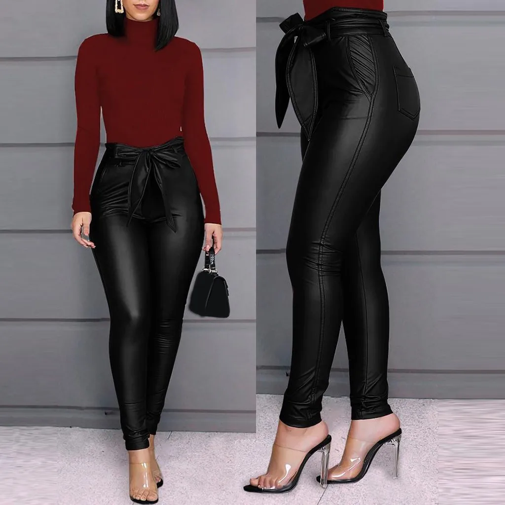 Модные женские брюки большого размера с высокой талией тонкие кожаные