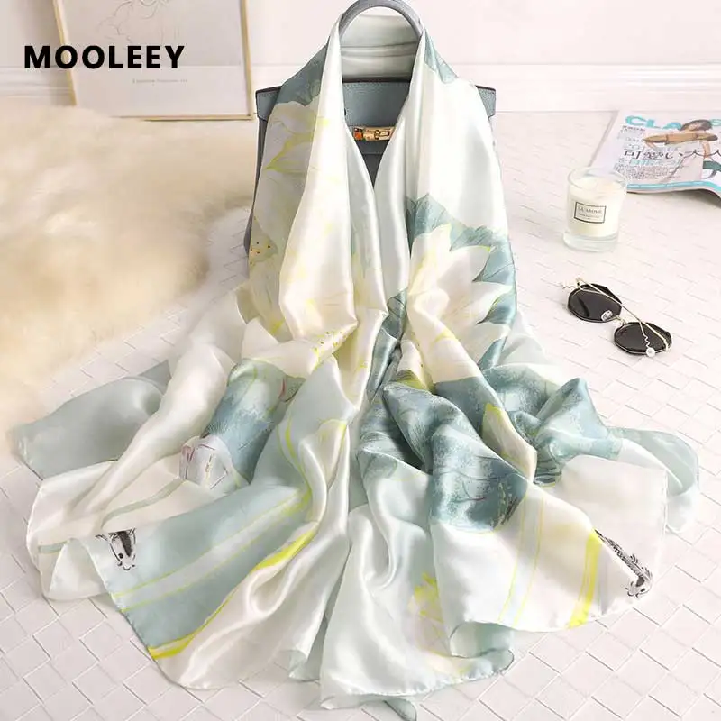 

Brand Designer Silk Scarf for Women 90X180cm Bandana Lotus Print Lrage Shawl Luxury Lady Muffler New Female Beach Sunscreen Wrap