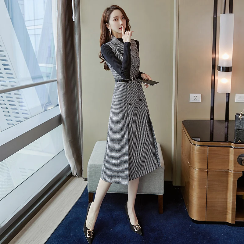 Женское твидовое платье с отложным воротником в клетку зимний комплект из двух