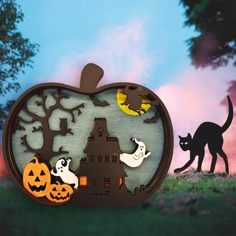 

New creative halloween wooden decoration pumpkin lighting wooden carving pattern halloween pumpkin decoration