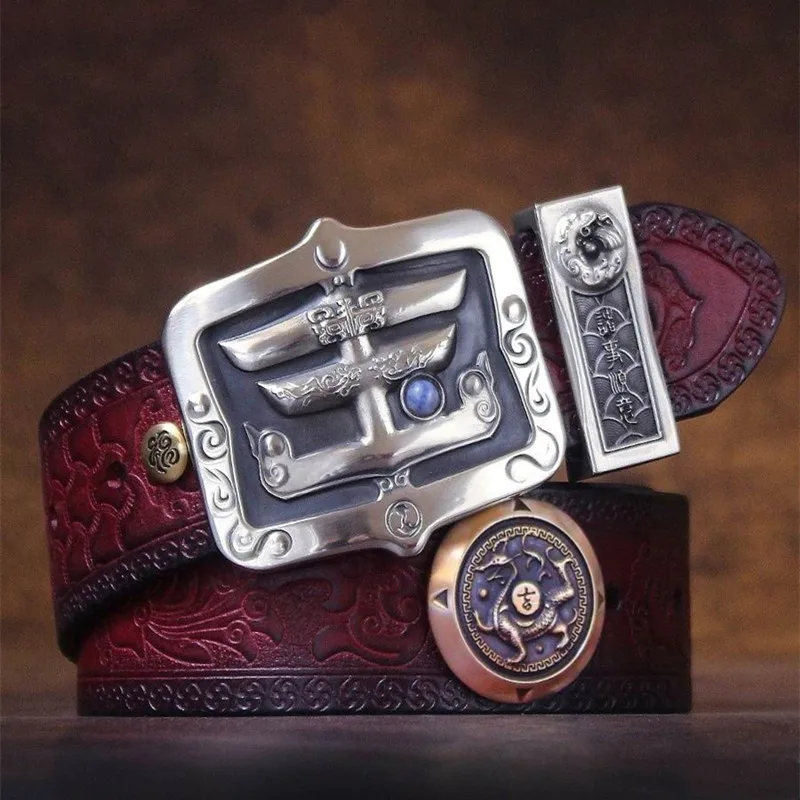 Cupronickel Tibetan Genuine Leather Strap Male Belts For Men Women Cowhide Vintage Buckle Belt