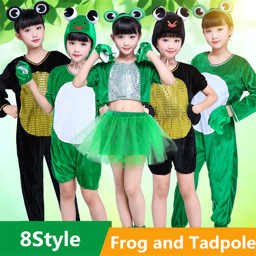 

Children Halloween Cosplay Costumes Green Frog Tadpole Performance Satge Wear Fancy Party Dance Cartoon Jumpsuit Headwear