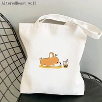 women shopper bag cute corgi dog printed kawaii bag harajuku shopping canvas shopper bag girl handbag tote shoulder lady bag