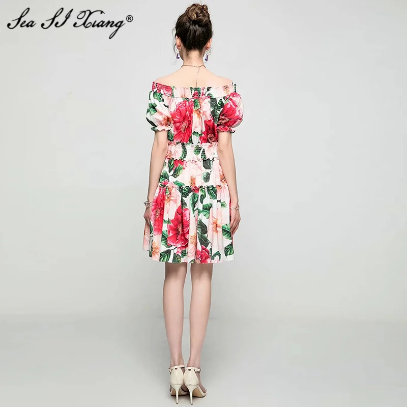 

Seasixiang Fashion Designer Summer Dress Sexy Backless Puff Sleeve Camellia Floral Print Elastic Waist Vacation Short Dresses