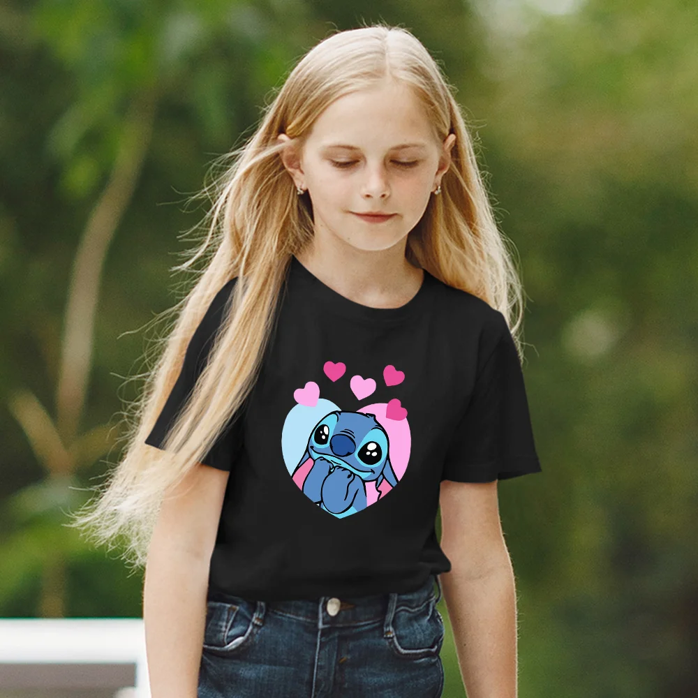 

Disney Dropship Children T-shirts Kawaii Stitch Pattern Fashion Outdoor Korean Style Print Harajuku Black White T Shirts o-Neck