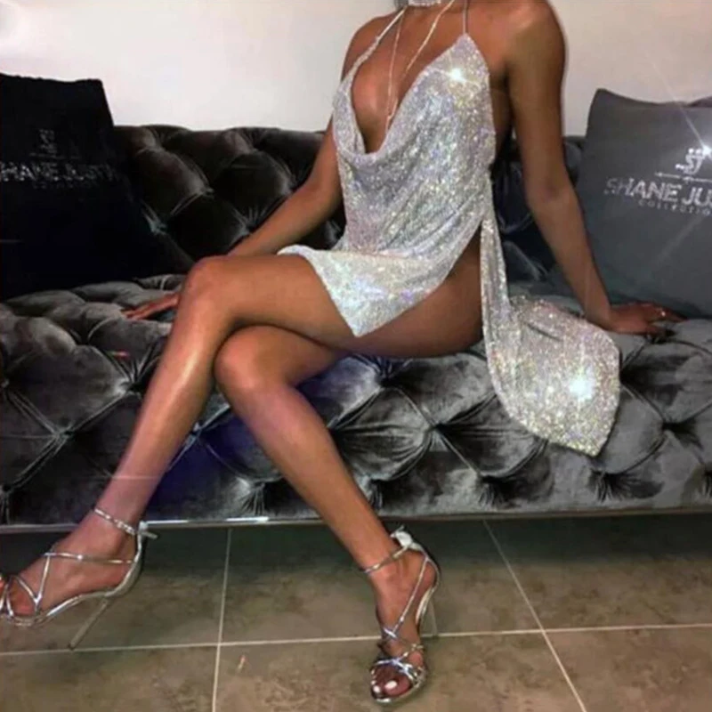 FestivalQueen, сексуальное женское платье с глубоким v-образным вырезом, стразы,, роскошное, для танцев, вечеринки, с лямкой через шею, с открытой спиной, с разрезом, мини-платье