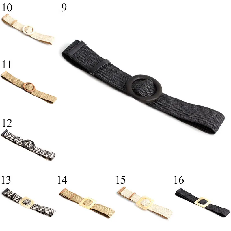 

Bohemian PP Grass Braided Women Belt Wide Round Wooden Square Buckle Waistband Simple Women Elastic Waist Belts Hot Sale