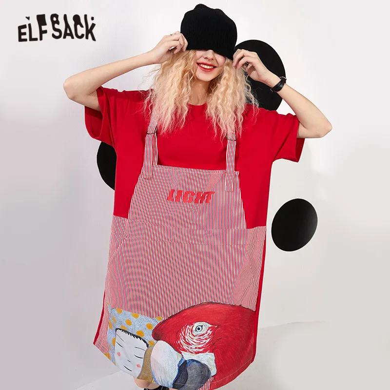 

ELFSACK Funny Graphic Print Casual Overall Dresses Women,2021 Spring ELF Vintage Short Sleeve Korean Ladies Daily 2-IN-1 Dress