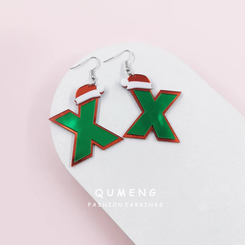 

Qumen2020 New Fashion Female Jewelry Original Design Letter X Christmas Hat Acrylic Mirror Pendant Earrings Punk Accessories
