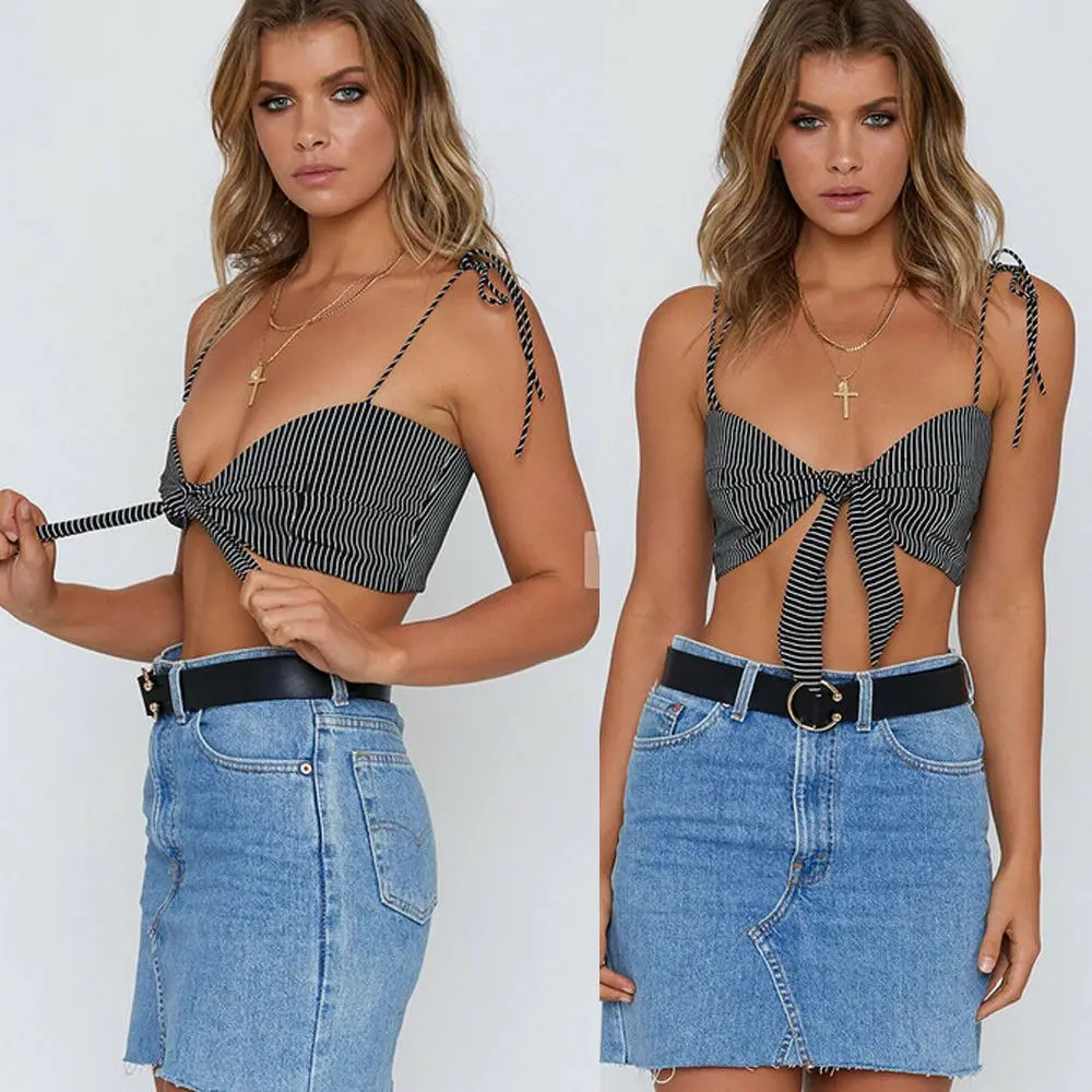 В полоску с галстуком бабочкой топ на бретелях Топы женские летние пикантные