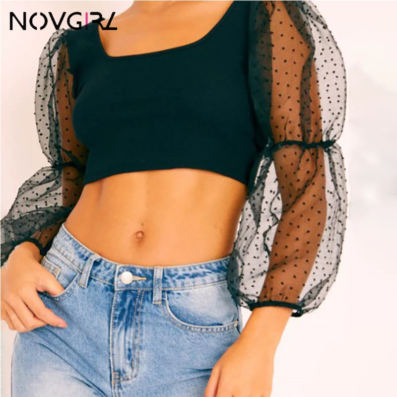 Женский сетчатый топ с рукавами фонариками Novgirl прозрачный укороченный