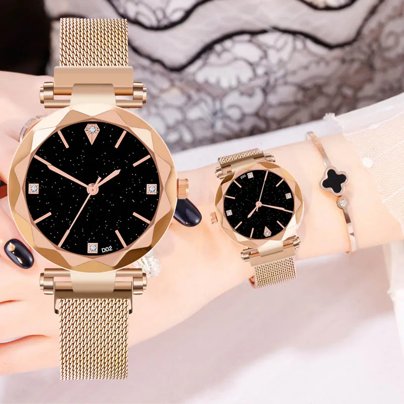 Роскошные женские часы аналоговые кварцевые наручные звездного неба с сетчатым
