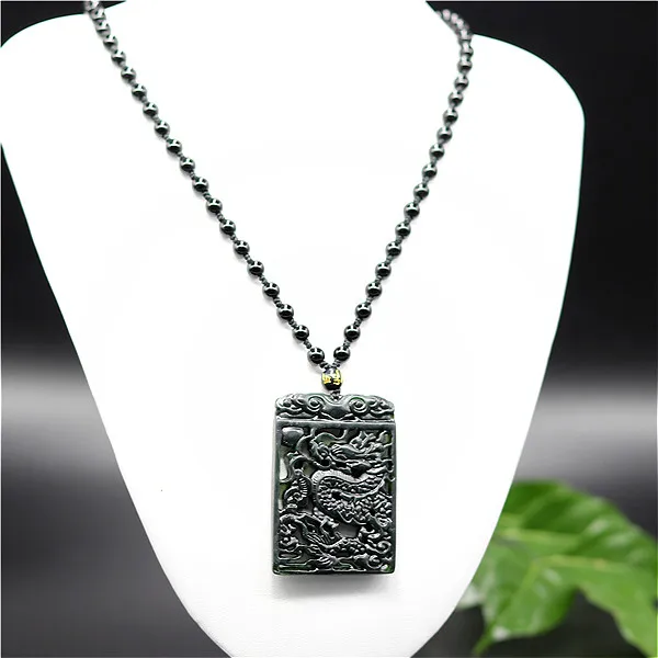 Натуральный черный зеленый китайский Нефритовый дракон кулон ожерелье
