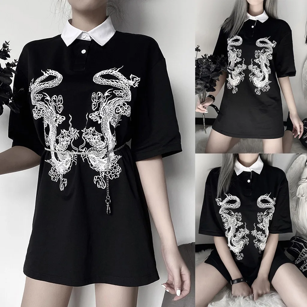 Женские летние топы Готическая свободная длинная футболка с коротким рукавом и