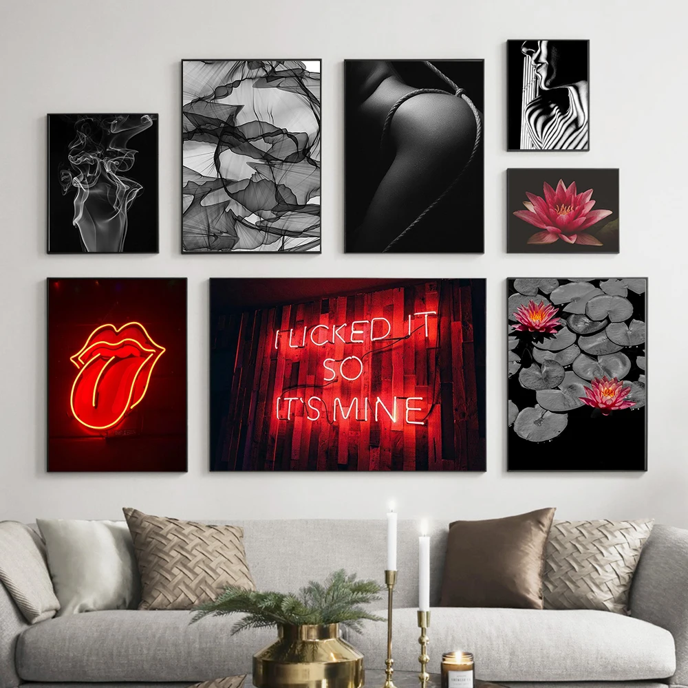 

Fashion Decor Poster Neon Letters Sexy Lip Canvas Painting HD Prints and Poster Wall Pictures Girl Bedroom Home Decoration Mural
