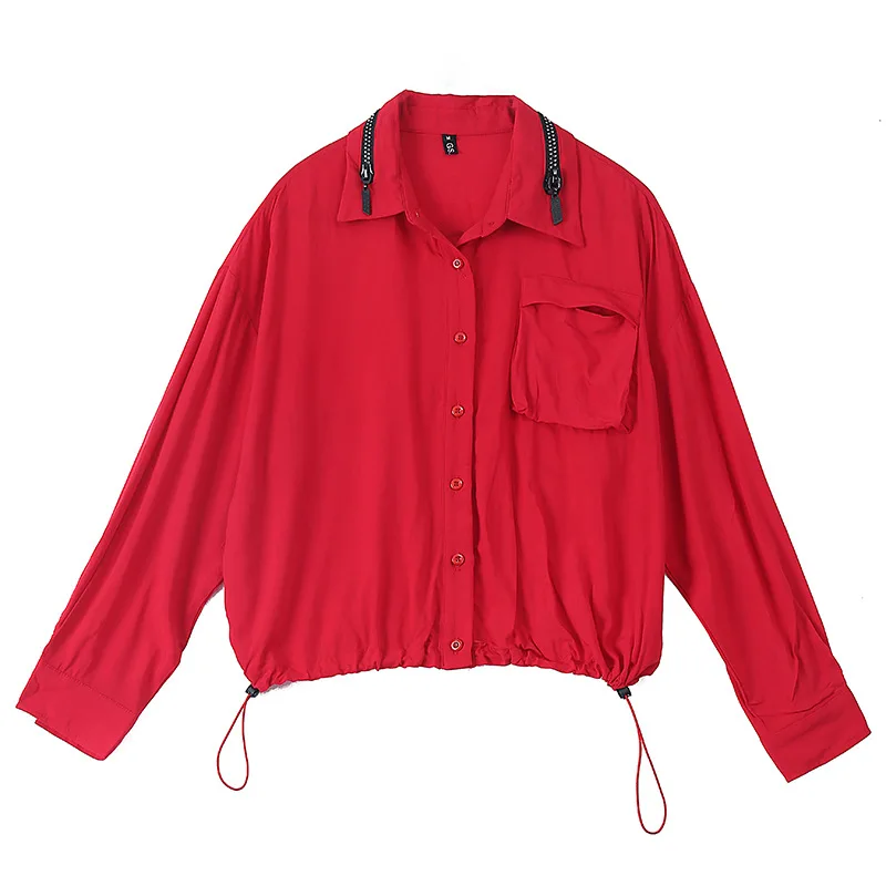 

2021 Spring Fashion Hoodies Batwing Sleeves Red Color Loose With Pocket And Drawstring Pullovers And Tops Female Yalabovso