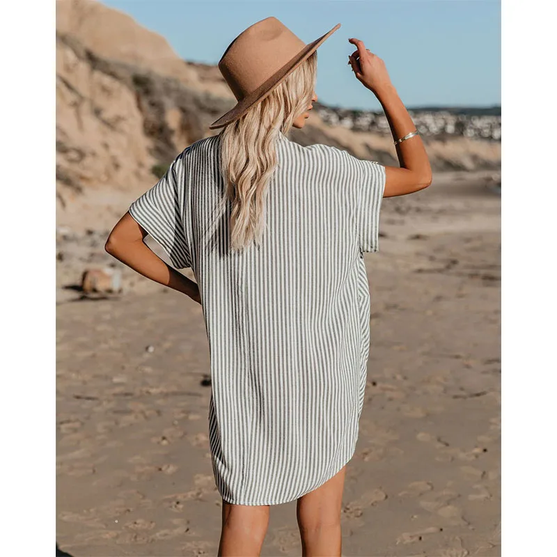 

Summer Sundress Button Printed Women Casual Loose Striped Vestidos Polo Short Sleeve Button Shirt Boho Dress Clothing Plus Size
