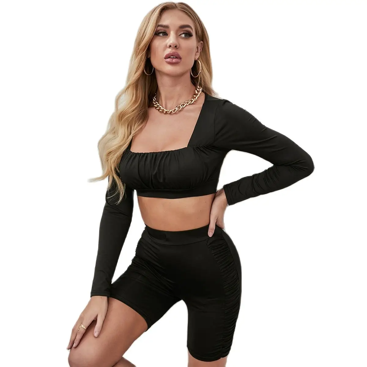 

Fashion 2021 Women Long Sleeve Pleated Sexy Square Collar Bodycon Crop Top High Waist Shorts Women Shorts Suit Fitness Outfits