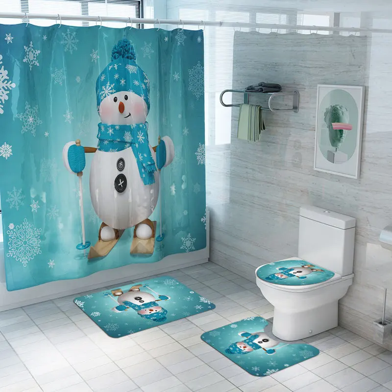 Christmas Bath Curtain Waterproof Shower Mat Anti-slip Bathroom Carpet Set Absorbent Toilet Rug Foot Washable | Дом и сад
