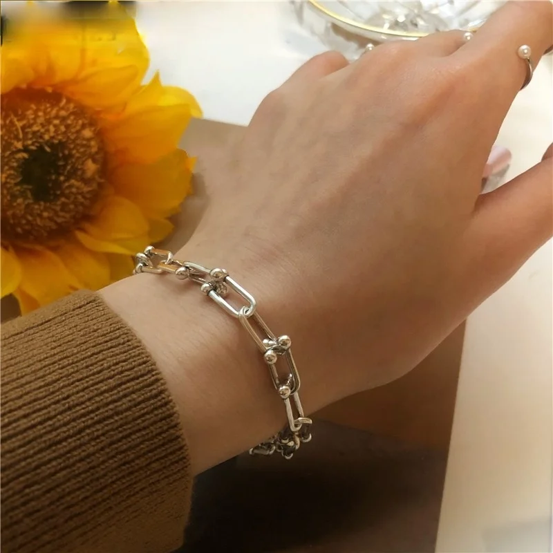 

925 Sterling Silver Hiphop Thick Chain Bracelet for Women Men Vintage Handmade Hasp Bracelet Birthday Gift S-B451