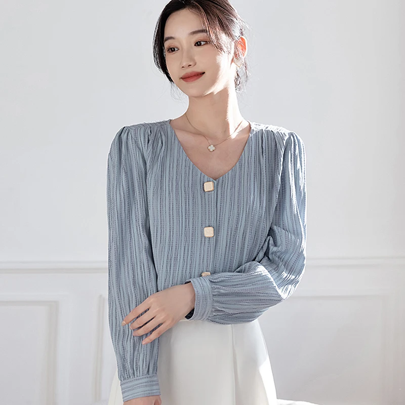

BETHQUENOY Woman Spring Tops Blusas Camisas Mujer V Neck Striped Blue Blouses Chemise Femme Vintage Chiffon Shirts Top For Woman