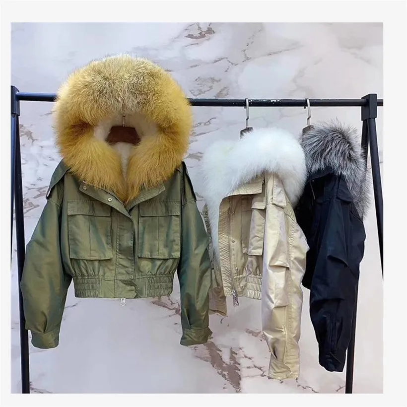 

2020 Luxury Women's Detachable Real Durable Lamb Fur Line Natural Fox Fur Hooded Short Female Parka Fur Bomber Jacket
