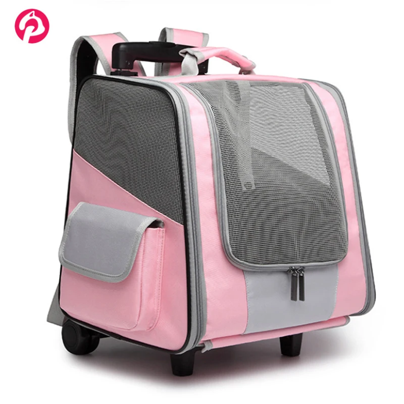 

Wheeled Pet Carrier Backpack Breathable Two In One Comfort Cat Backpack Removable Rolling Wheels Trolley Cat Dog Travel Bag
