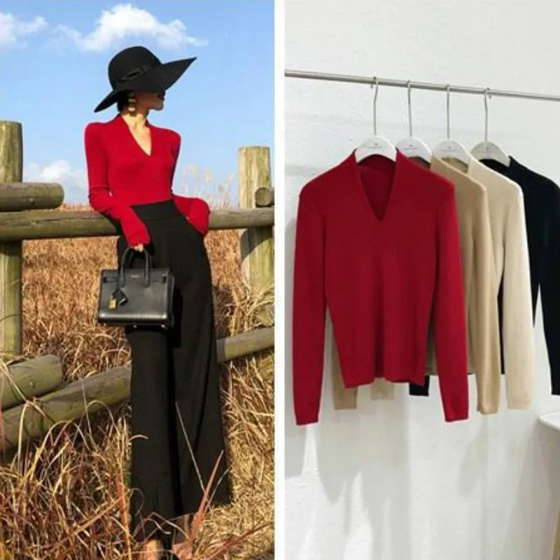 

V-Neck Knitted Top Women's Long-Sleeved Sheath Sexy Pullover Solid Brief Winter Cloth Women Sweater