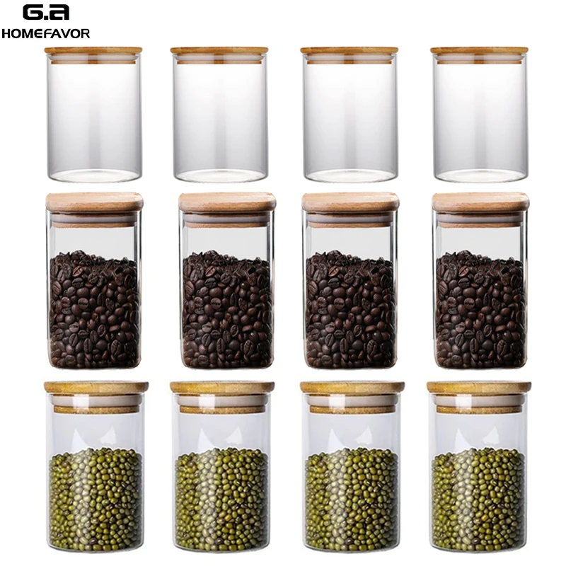

12/10 Pcs Glass Jars Food Storage Containers Sealed Tank Leakproof Canisters Kitchen Grain Sugar Tea Bottles With Bamboo Lid