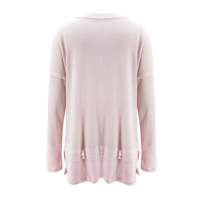

Elegant Women Spring Autumn Sweaters Patchwork Design Side Split O-Neck Long Sleeve Solid Color cCasual Loose Pullovers Top