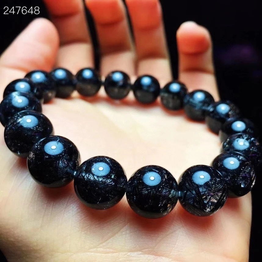 

Genuine Natural Black Rutilated Quartz Clear Round Beads Bracelet 11mm Women Men Fashion Wealthy Stone AAAAA