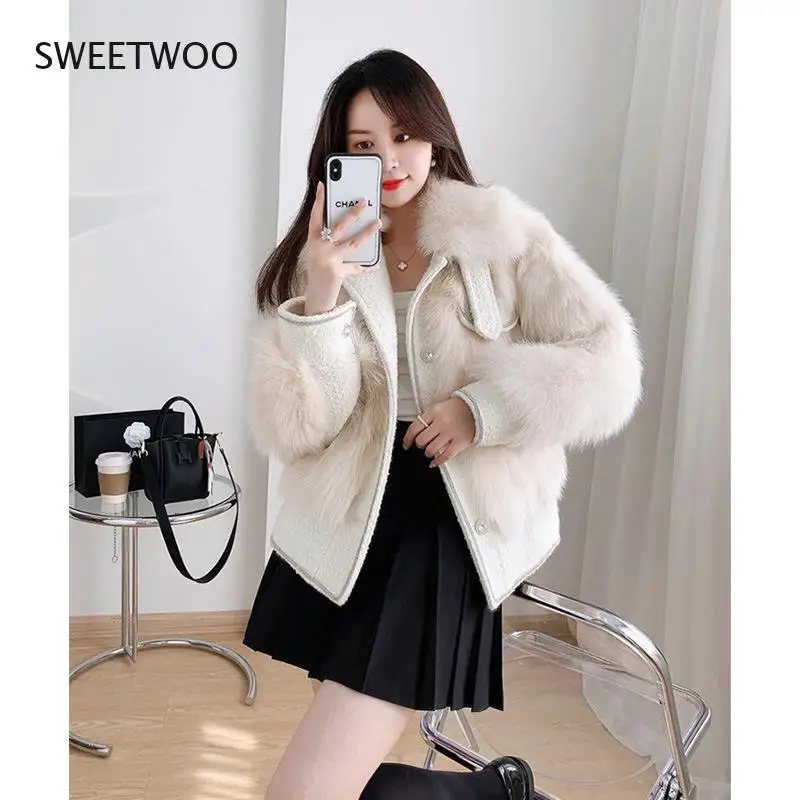 Light luxury lady blouse autumn and winter imitation fur2022 new young heavy industry small fragrance splicing woolen coat women