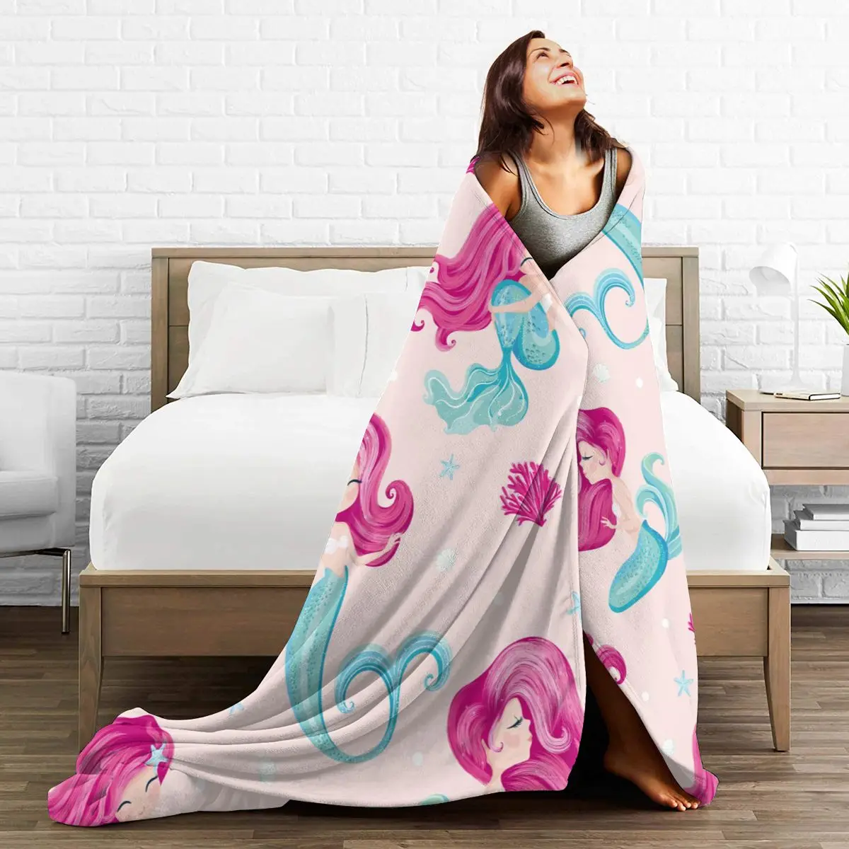 

Flannel Blanket Cute Pink Mermaid Pattern Light Thin Mechanical Wash Warm Soft Blankets Throw on Sofa Bed Travel Patchwork