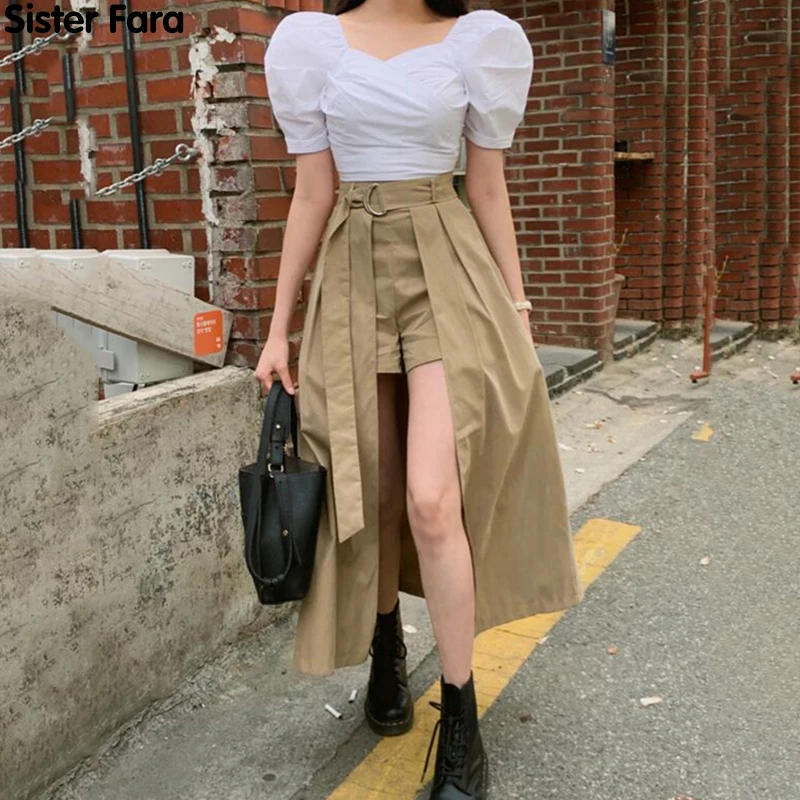 

Sister Fara New Summer Solid Belted Split Hem Skirts Women High Waist Flared Asymmetrical Office Lady A-LINE Ankle-Length Skirt