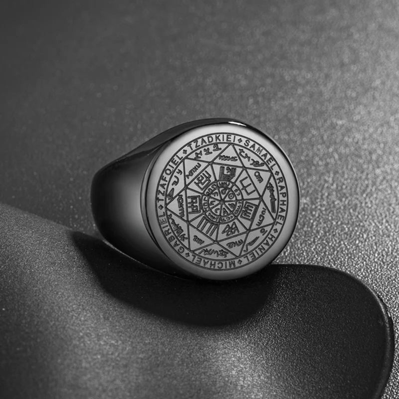 Кольцо семь/четыре Архангела нержавеющая сталь 316L/золото 18 карат/черный амулет