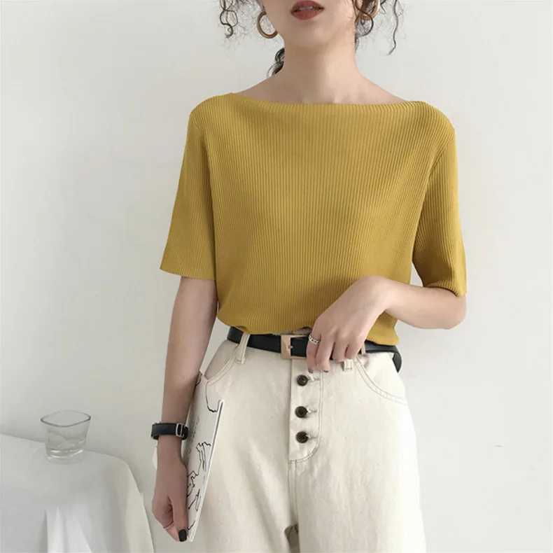 

2021 version of the one-collar off-shoulder ice silk sweater top women's summer thin short-sleeved loose large-size